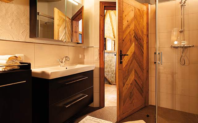 Bathroom with washbasin, shower and WC