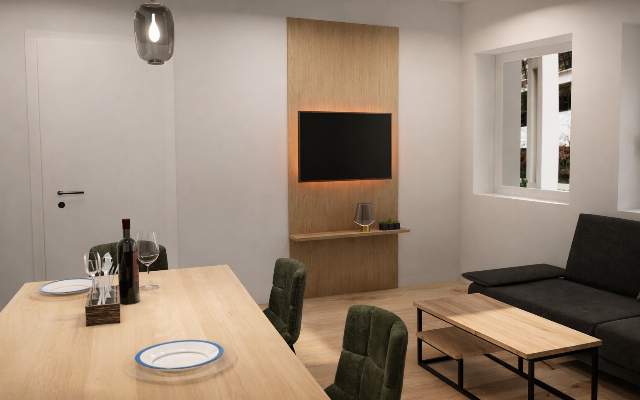 Großer Esstisch, Wohnküche mit Flat-TV