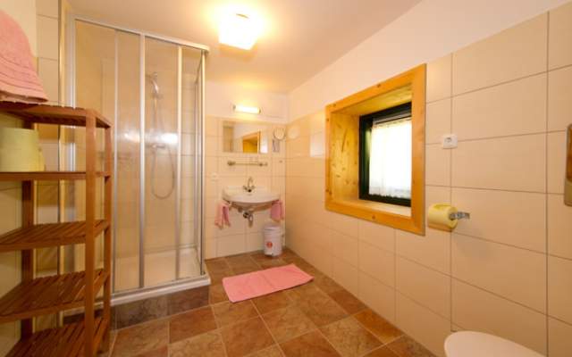 Spacious bathroom with shower and toilet