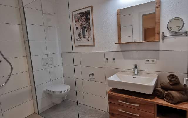 Spacious bathroom with shower and toilet