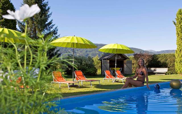 Outdoor pool and large lawn for sunbathing as well as an outdoor area for dogs at the Hotel Aloisia ***s