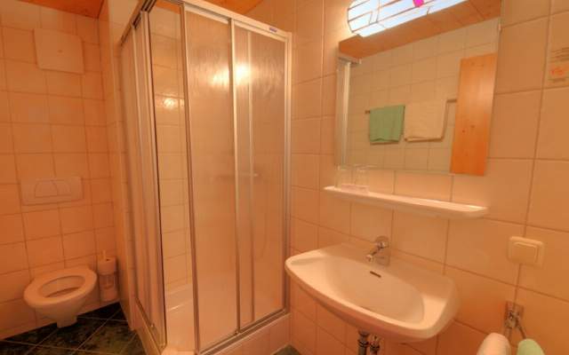 Spacious bathroom with shower, toilet and sink